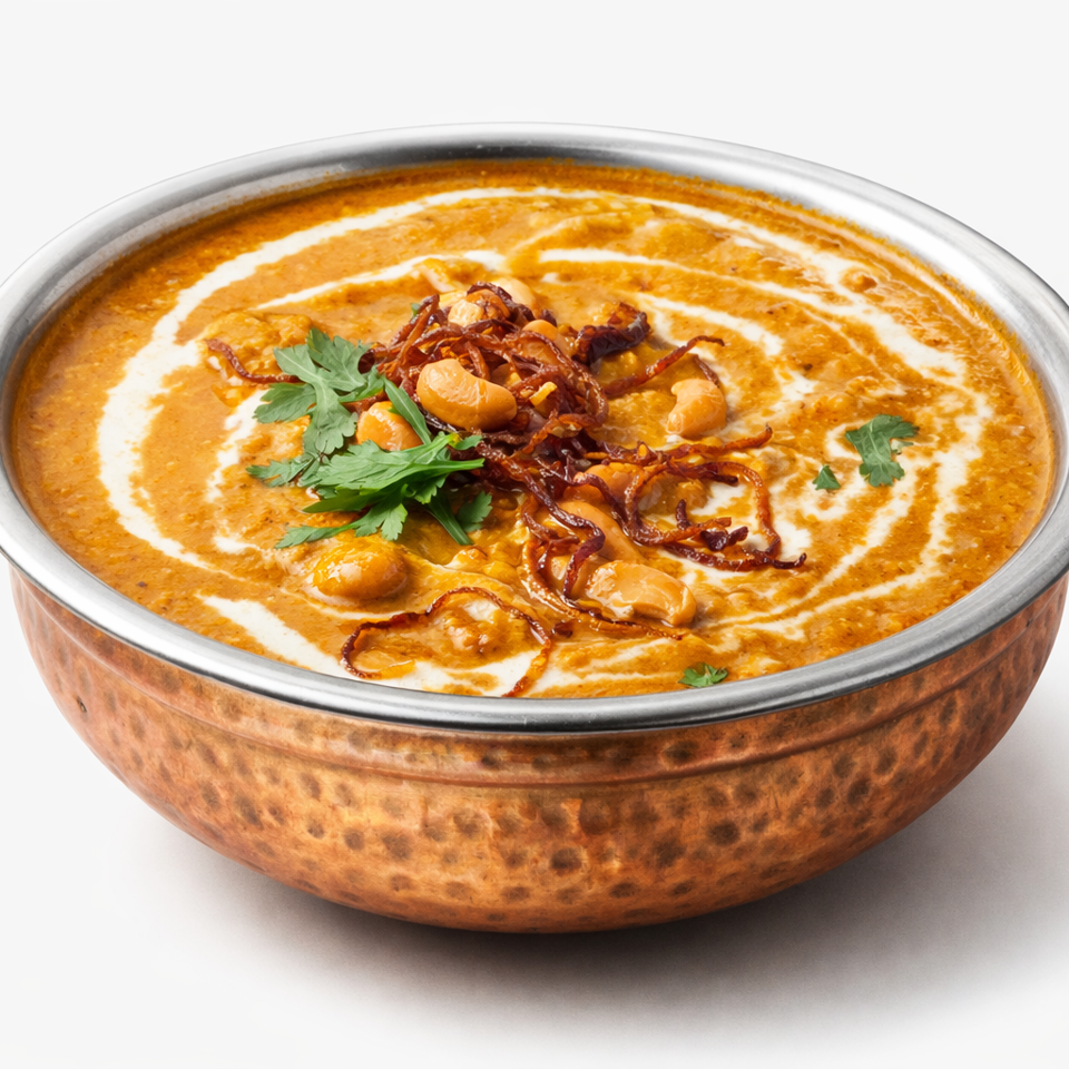 Creamy orange curry garnished with chickpeas, crispy fried onions, and cilantro in a hammered copper bowl.