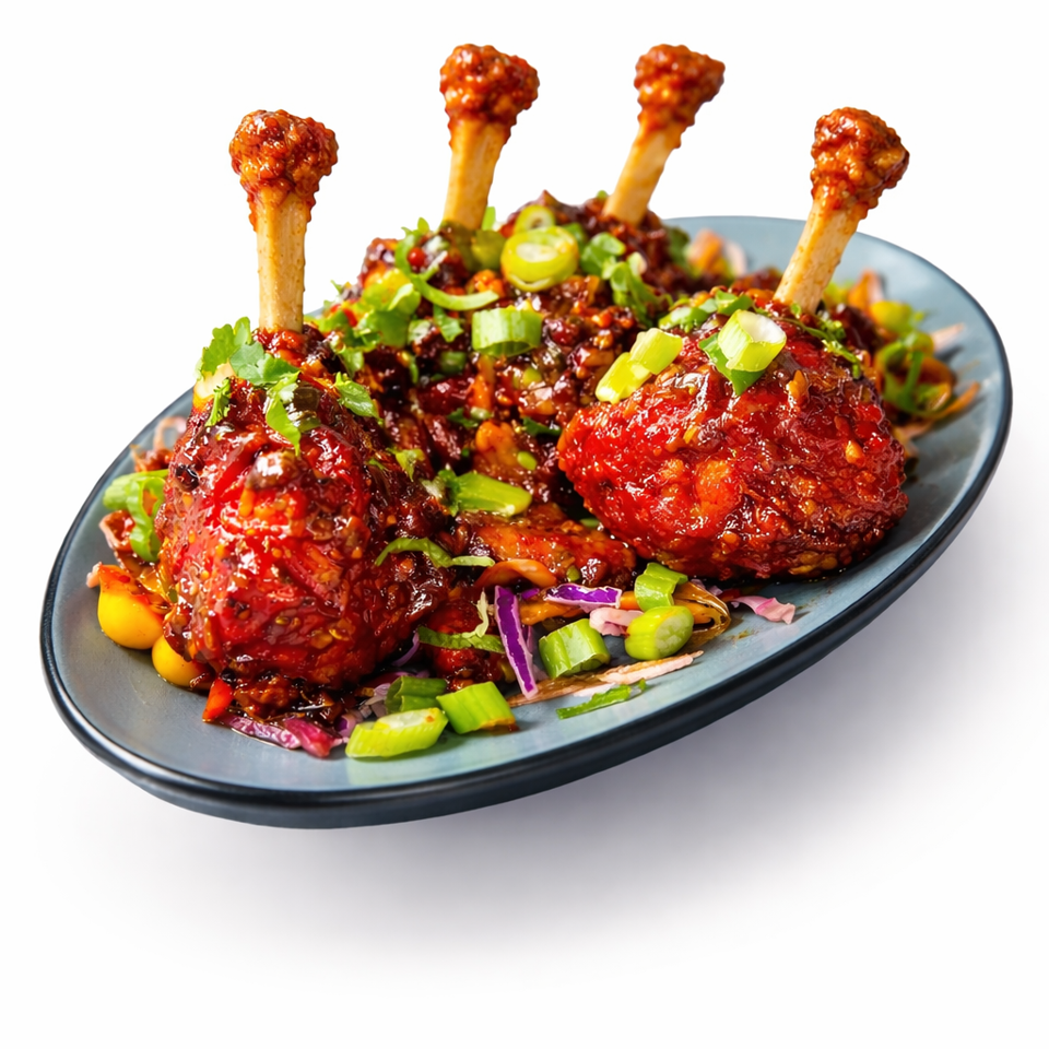 Glazed spicy chicken lollipops garnished with cilantro and green onions, served over colorful shredded vegetables on a dark oval platter.