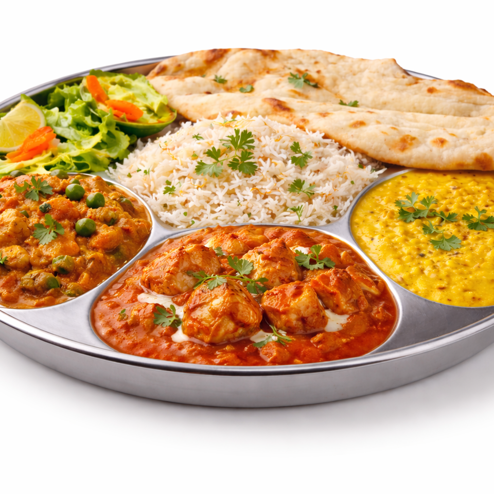 Indian thali platter with basmati rice, naan, curries, yellow dal, salad, lime, and cilantro garnish.