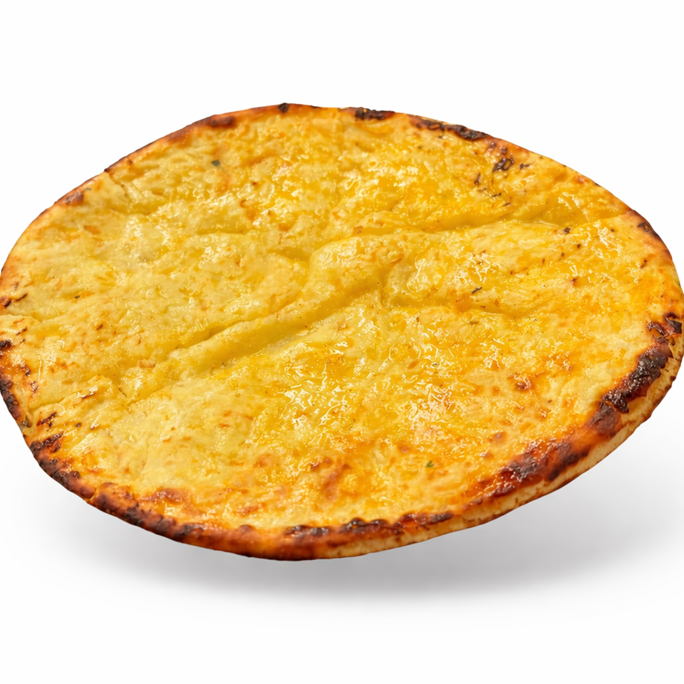 Golden-brown cheese pizza with a crisp, charred crust on a white background.