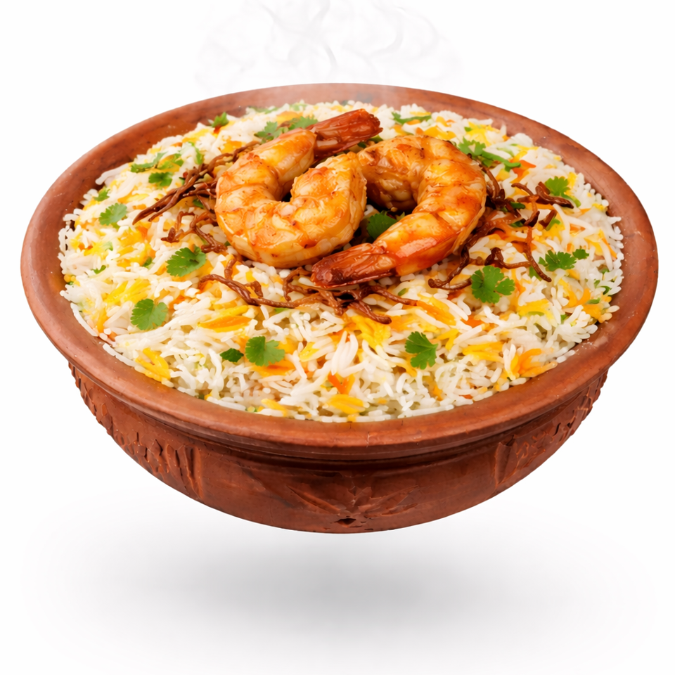 Steaming shrimp biryani garnished with cilantro and crispy onions, served in an ornate terracotta dish.