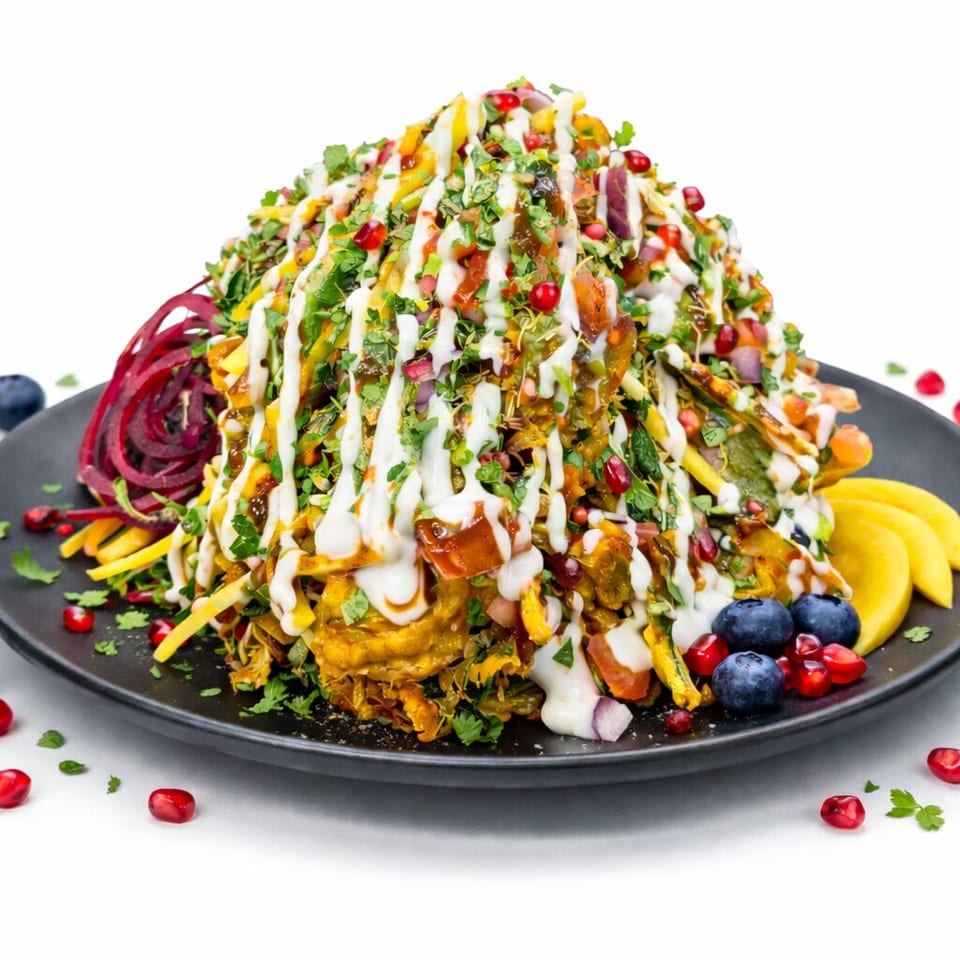 Colorful loaded nachos topped with creamy sauces, herbs, vegetables, pomegranate seeds, blueberries, and lemon slices on a black plate.