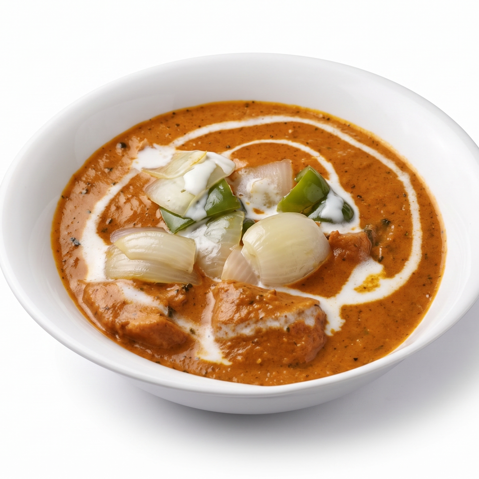 A white bowl filled with orange curry, topped with cream swirls, onions, and green peppers.
