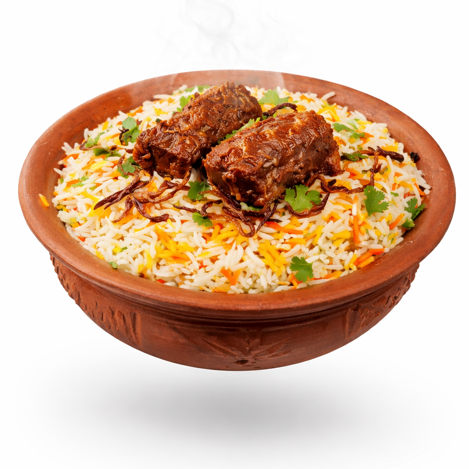 Steaming biryani rice topped with two browned meat pieces, fried onions, carrots, and cilantro in a decorative clay serving dish.