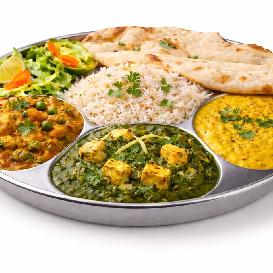 Indian thali platter featuring basmati rice, naan, dal, paneer curry, spinach paneer, salad, and lime wedges.
