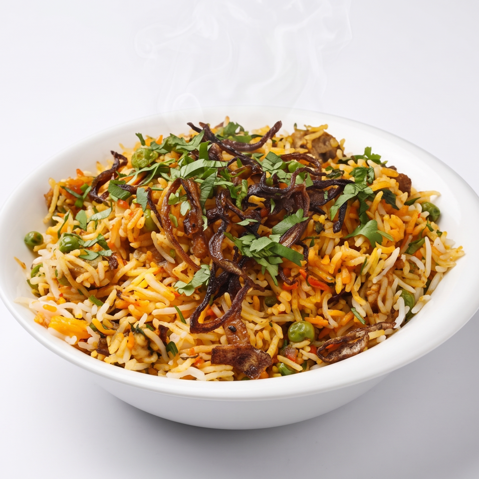 Steaming bowl of biryani rice with peas, fried onions, and cilantro on a white background.