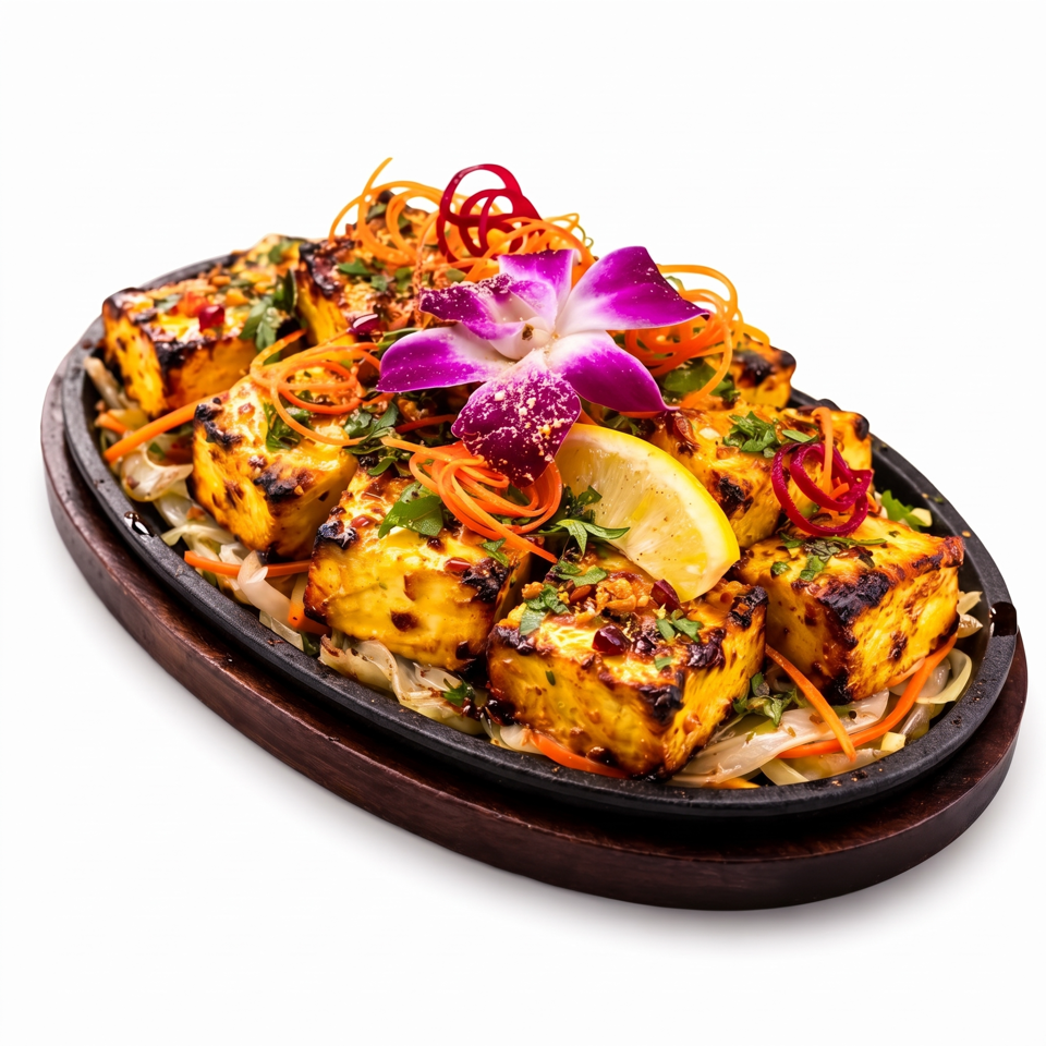 Grilled paneer tikka with charred vegetables, onions, carrots, herbs, and a purple edible flower on a sizzling platter.