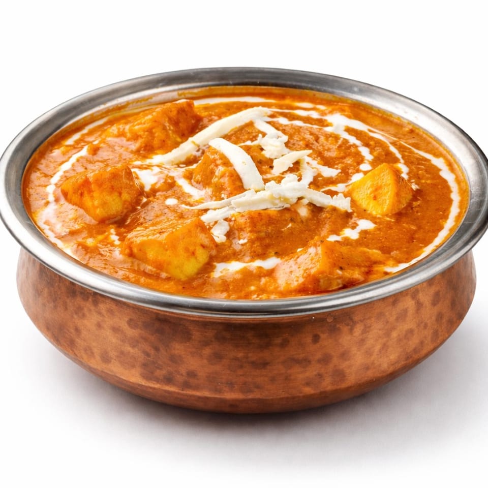 Paneer butter masala, an Indian curry, in a copper bowl with a stainless steel rim.