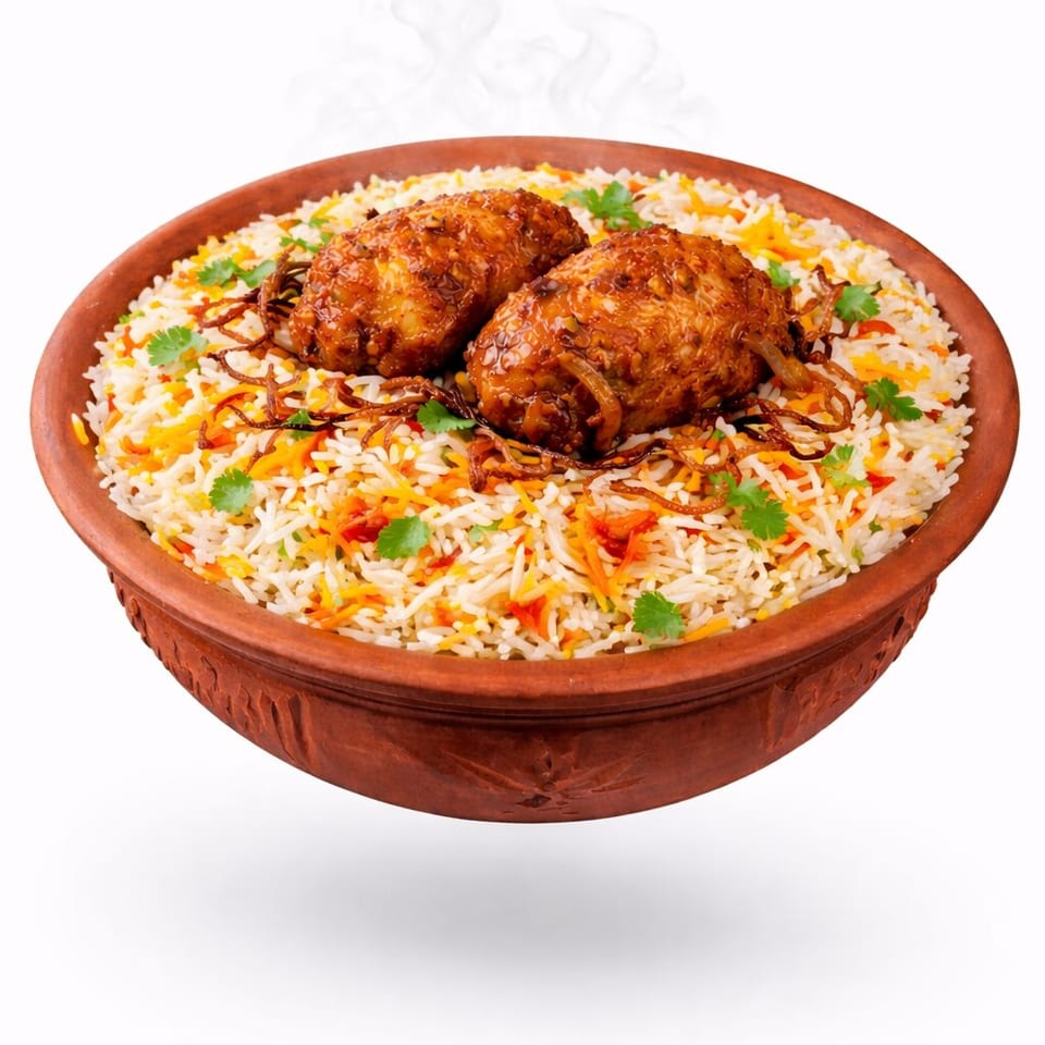 Steaming spiced rice topped with two roasted chicken pieces, fried onions, carrots, and cilantro in an ornate earthenware bowl.