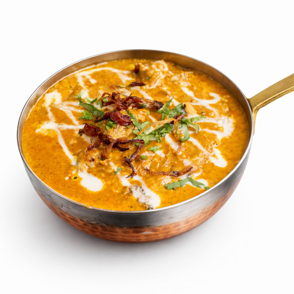 Creamy golden curry garnished with cilantro and crispy fried onions in a copper serving pan.
