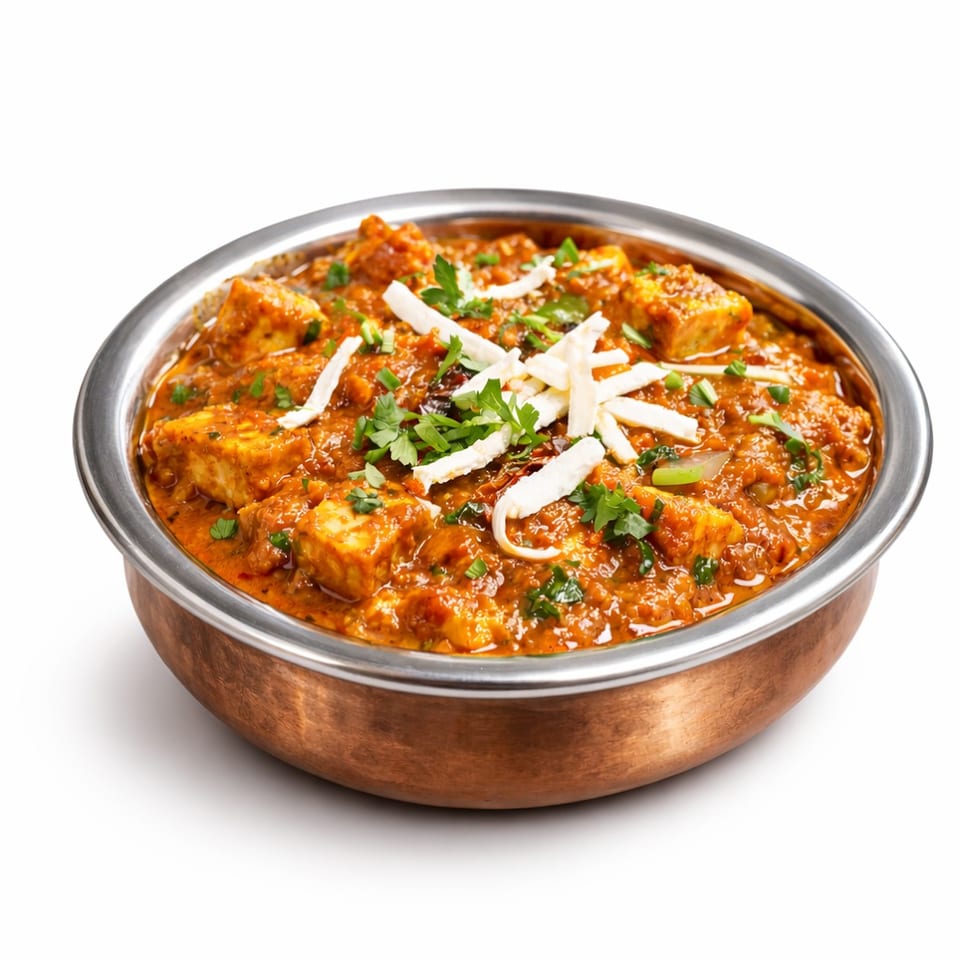 Paneer butter masala in a copper bowl, garnished with cilantro and cheese, on a white background.