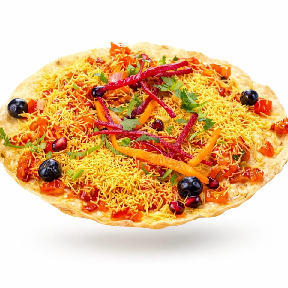 Crispy flatbread topped with sev, red and orange peppers, tomatoes, herbs, olives, and pomegranate seeds.