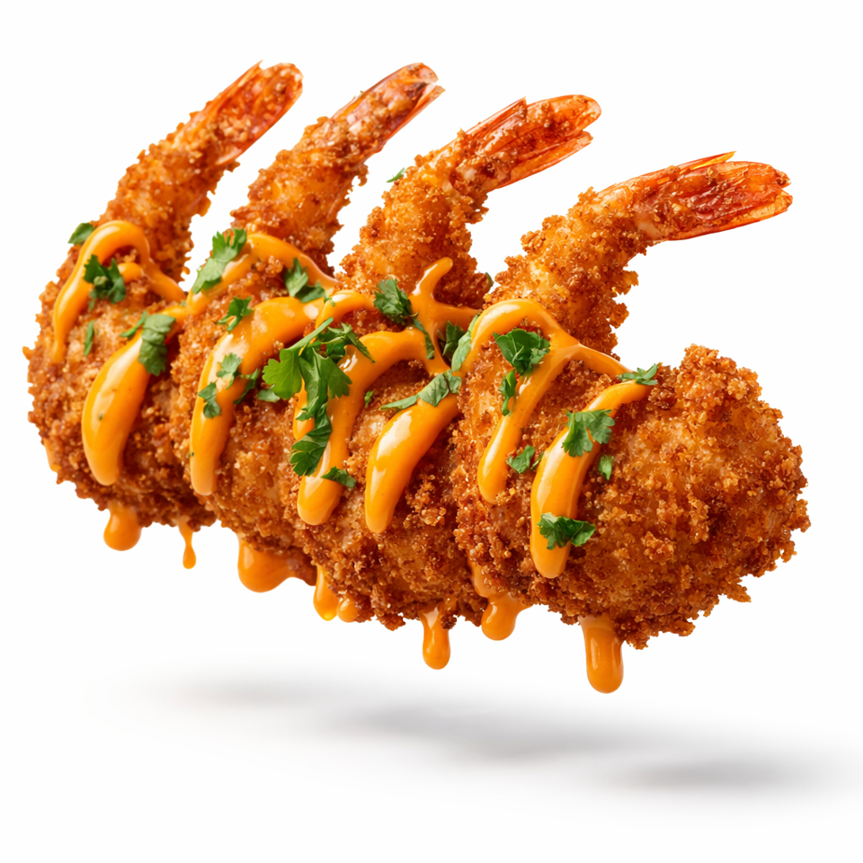Five crispy breaded shrimp topped with orange sauce and fresh cilantro, arranged against a white background.