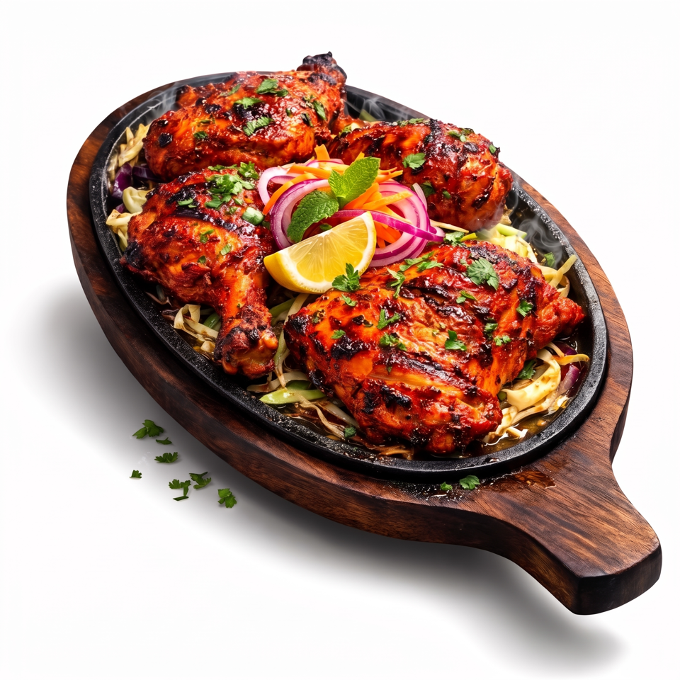 Grilled tandoori chicken pieces garnished with cilantro, mint, onions, carrots, and lemon on a sizzling platter.