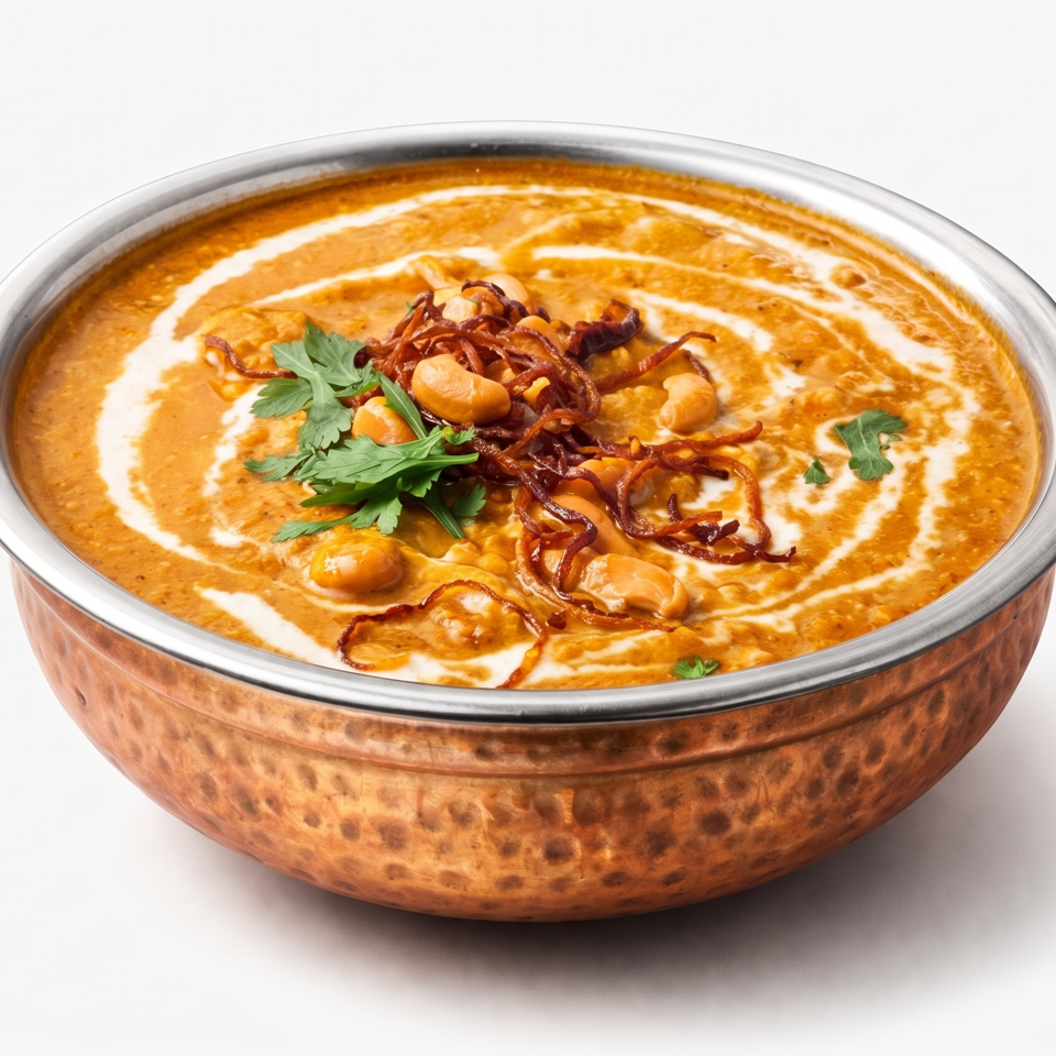 Creamy orange curry garnished with chickpeas, crispy fried onions, cashews, cilantro, and cream in a copper bowl.