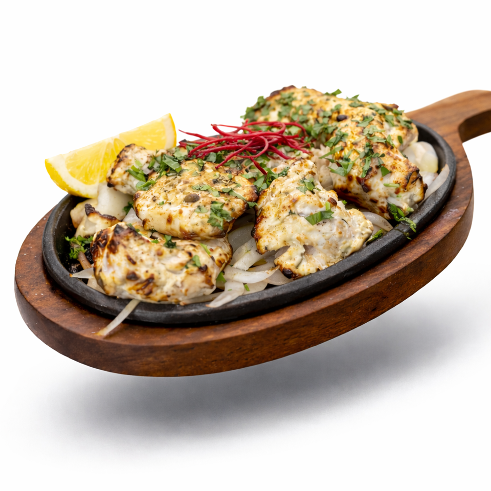 Grilled chicken pieces garnished with herbs and red peppers, served with onions and lemon on a sizzling platter.